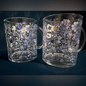 Clementine Blue Floral Glass Coffee Mug Set of 2 Botanical NWT